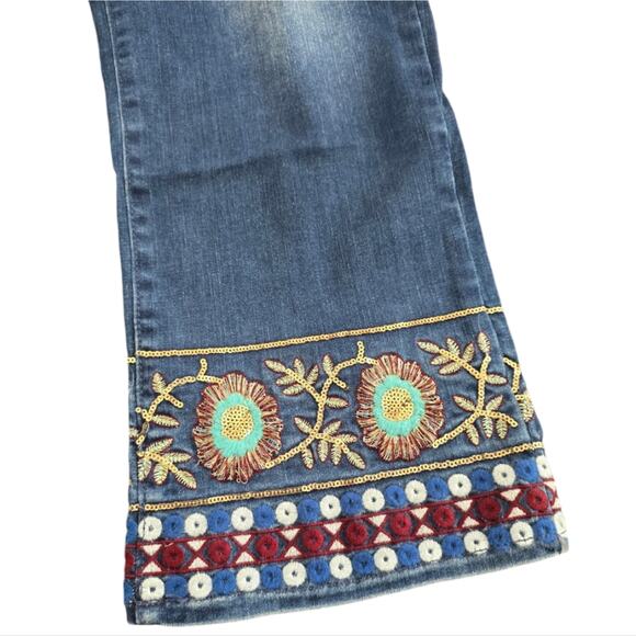 Embroidered Hem Jeans Blue‎ Denim Pants Floral Bohemian Women's - Picture 5 of 8